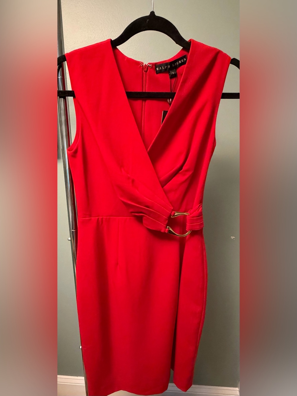 Ralph Lauren Black Label Red Sleeveless Faux-Wrap Midi Dress with Gold Buckle